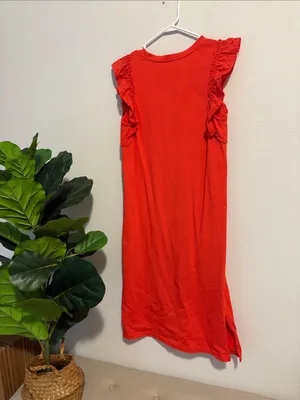 Vibrant coral Ruffle-Sleeve 100% Cotton Shift midi Dress M thumbnail 5