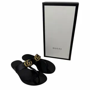 Gucci Black Leather Thong Sandal Gold Double G Logo Size 36.5 thumbnail 14