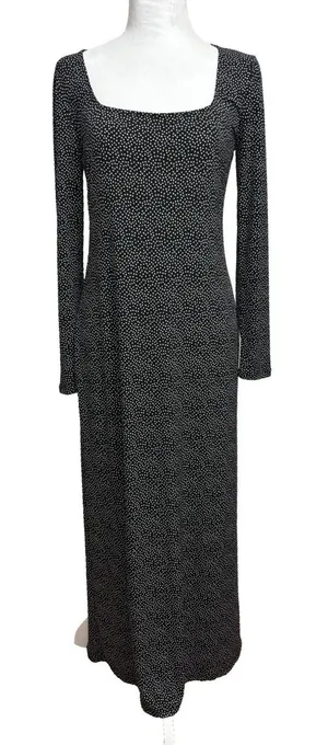 ModCloth Maxi Dress Black Polka Dot Square Neck Stretch Mod Indie Retro Party‎ M thumbnail 1