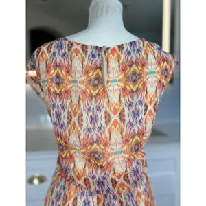 As You Wish Shift Dress Womens L Orange Abstract Print Chiffon Lined Cap Sleeve thumbnail 5