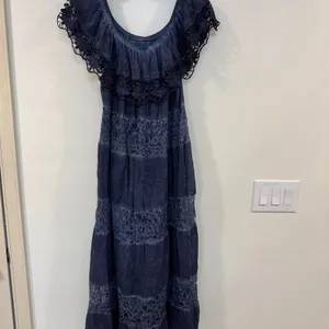 Blue Maxi Dress Large Lace Off Shoulder Boho Cottagecore Romantic Flowy Lace New thumbnail 2