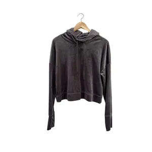 OFFLINE by Aerie Velour Cropped Hoodie Gray Thumbhole Pullover Sweatshirt Small thumbnail 2