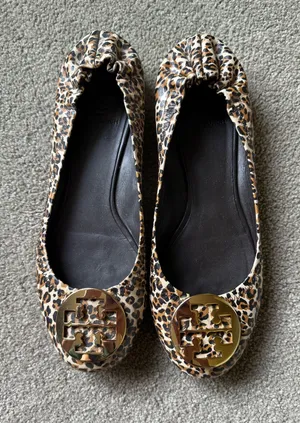 Tory Burch Leopard Ballet Flats with Gold Logo Medallions thumbnail 1