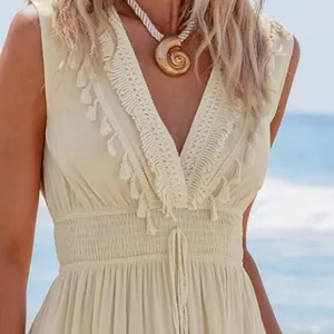 CUPSHE Cream V Neck Sleeveless Lace Tassel Smocked Waist Maxi Dress Size M thumbnail 4