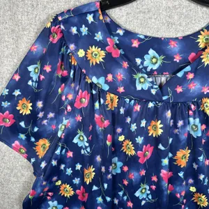 Vintage Plus Size 1X Womens Top MuuMuu Shirt Peasant Hawaiian Floral‎ Boho Blue thumbnail 2
