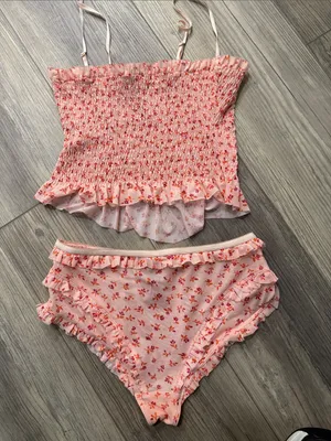 Anthropologie Smocked Ruffle Cami & Short/Brief Set - Pink Floral size small thumbnail 6