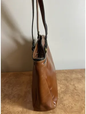 Patricia Nash Cognac Leather Tote Shoulder Bag Contrast Stitching Large Zip Top thumbnail 6