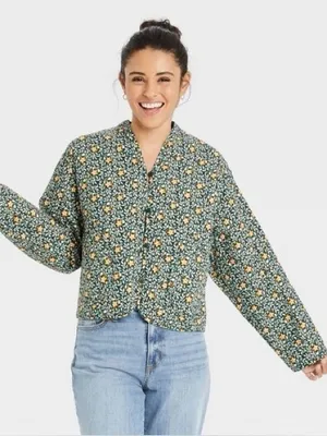 Quilted Floral Jacket Cropped Sz XXL Fall, Autumn, Cottagcore Boho, Cozy thumbnail 2