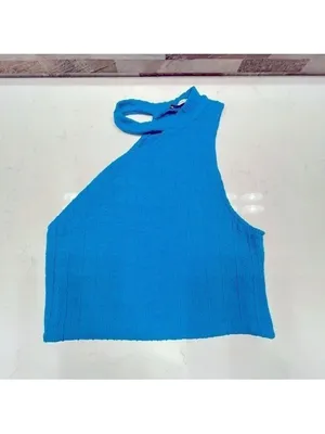 Nwt ZARA - ribbed asymmetrical cut out electric blue crop top Sz Large thumbnail 6