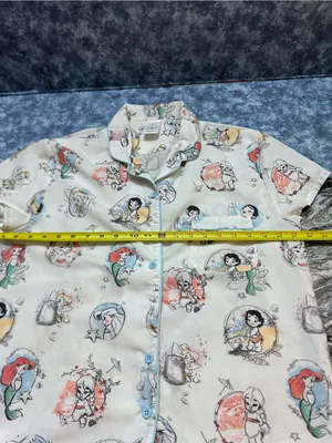 Disney Cream Short Sleeve Top with Multicolor Princess & Mermaid Sketches M thumbnail 4