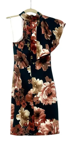 BLUEBLUSH Sleeveless Short Black Floral Print Dress Sz S w/Ruffle on One Side thumbnail 1