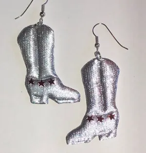 Silver Tone Fabric Cowboy Boot Earrings with Red Stars thumbnail 1