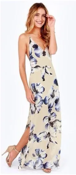 LUSH Long Ivory & Blue Floral Maxi Dress Sz S thumbnail 1