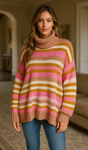 Aerie Oversized Turtleneck Sweater Chenille Stripes Buttery Soft‎ Cozy Winter L thumbnail 1