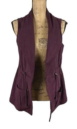 Lysse Faux Suede Vest Open Front Utility‎ Burgundy Purple Drawstring Size Small thumbnail 1