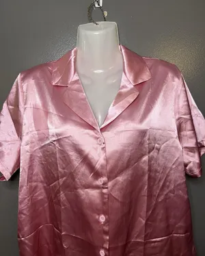 Ekouaer Pajama Top Womens Medium Pink Satin Button Front Short Sleeve Sleep thumbnail 1