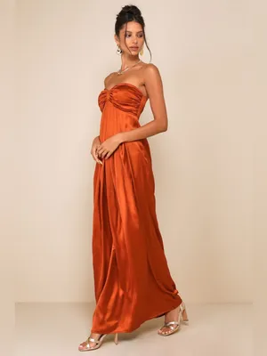 Lulus Memorable Entrance Rust Orange Strapless Satin Maxi Dress Size XL thumbnail 2