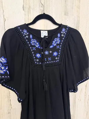 Blue Rain Women’s XXS Black Embroidered Floral Boho Mini Dress Bell Sleeve thumbnail 4