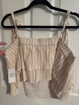 Striped Tie-Shoulder Ruffle Camisole - Beige Cream thumbnail 6