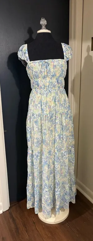 NWT Sabo Skirt Light Blue Floral Maxi Dress with Puff Sleeves thumbnail 1