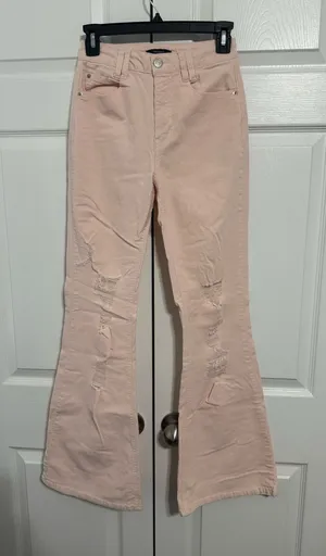 Forever 21 High-Rise Light Pink Distressed Flare Jeans thumbnail 1