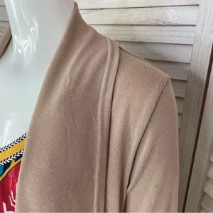 Boho‎ Fringe Hem Waterfall Cardigan Knit Khaki Tan Small Open Front Long Sleeve thumbnail 5