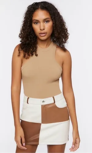 Forever 21 Faux Leather Patchwork on‎ Brown And Tan Mini Skirt L thumbnail 1