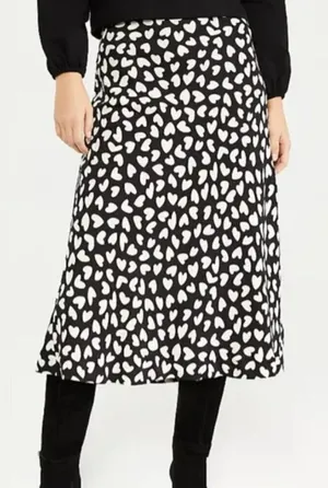 Ann Taylor Women's Size XS Pull On‎ A-Line Skirt Black White Heart Print Midi thumbnail 1