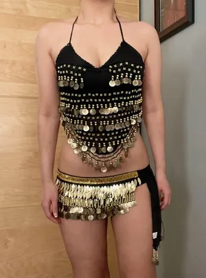 Dolls Kill cute sexy belly dancer backless dangling fringe coin chiffon gold Halloween costume thumbnail 2