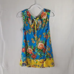 Coco Bianco Floral Open Back Sleeveless Blouse Top Blue Yellow Size L Tropical thumbnail 2