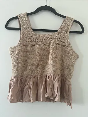 Japna Beige 100% Cotton Crochet Peplum Tank Top Large Cottagecore Coastal Euro Summer thumbnail 1