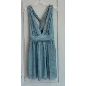 Lulus Light Blue Metallic Pleated Mini Dress V-Neck Open Back‎ 17D1756 Womens S thumbnail 3