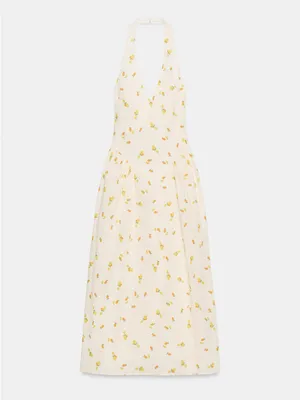 ZARA Lemon Print Halter Midi Dress Cream Yellow NWT Size M thumbnail 12