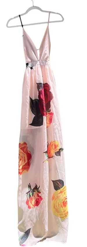 Aura Pink Sleeveless Backless Maxi Dress with Floral Print‎ Small thumbnail 1