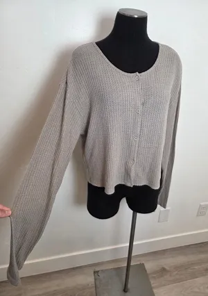 Dazy Thermal Waffle Knit Top Taupe Neutral Long Sleeve Comfy Cozy Loungewear XL thumbnail 1