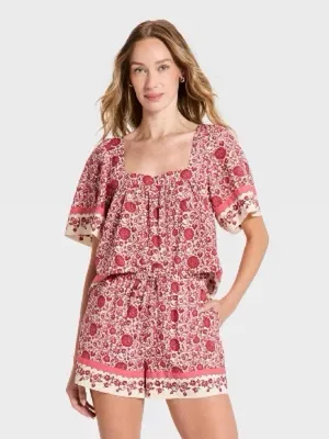 Universal Thread Pink Floral Square-Neck Peasant Top thumbnail 3