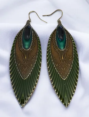 Enamel peacock feather dangle earrings Green thumbnail 1