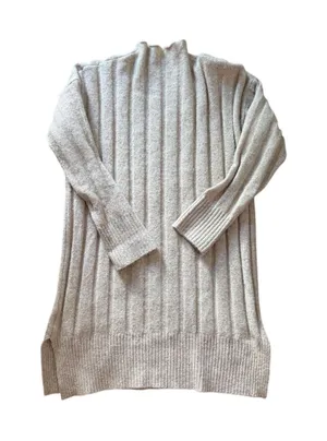 Oversized Oatmeal Ribbed Knit Sweater Dress High Neck Asymmetrical Hem thumbnail 1