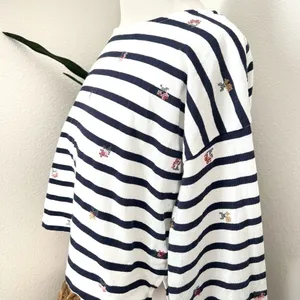 Madewell Shirt Striped Embroidered Floral Cropped Bell Sleeve Tee Stripe Coastal thumbnail 6
