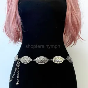 Silver Y2K Western Floral Oval Concho Chain Belt, Fits 25-44 Inches, X7GA1363 thumbnail 1