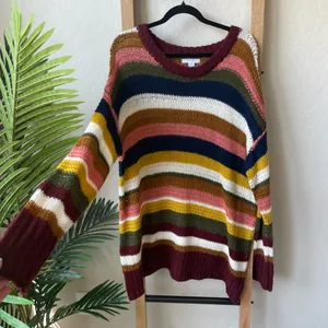 Favlux Multicolor Striped V-Neck Sweater in Burgundy, Navy & Mustard thumbnail 2