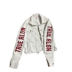 True Religion Fashion trucker with‎ Red Logo on Sleeves Sz XS White Jean Jacket thumbnail 7