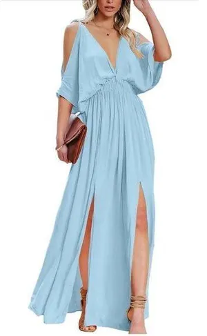 NEW DEEP SELF Light Blue V Neck Short Sleeve Maxi Dress M thumbnail 1