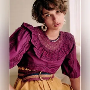Sézane Elsa Blouse Eyelet Embroidered Ruffled Openwork in Purple Violet sz36/US4 thumbnail 2