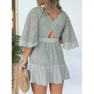 Mable Lace Romper Womens SM Sage Green Boho Bell Sleeve Vacation Cottagecore‎ thumbnail 2
