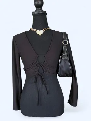 Y2K Black coquette long sleeve top with tie detail size small 🖤 thumbnail 1