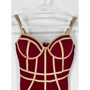 BLASHE Bodycon Dress Sz Small Burgundy Tan Bustier Bandage Spaghetti Straps Sexy thumbnail 10