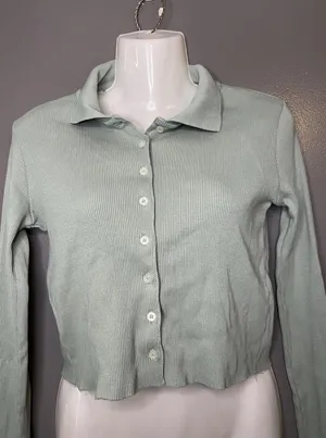 Brandy Melville Cardigan Sweater Womens Small Green Ribbed Button Front Cropped thumbnail 1