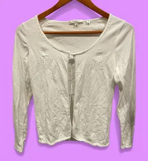 Vintage Y2K creamy white beaded trim Vertigo Paris stretchy cardigan sweater thumbnail 2