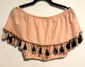 LoveShackFancy‎ Off Shoulder Tassel Crop Top Peach Boho Festival Small thumbnail 1